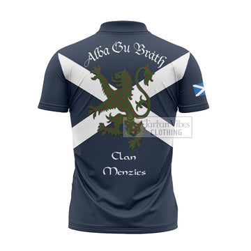 Menzies Tartan Lion Rampant Zipper Polo Shirt Proudly Display Your Heritage with Alba Gu Brath and Clan Name - Tartan Vibes Clothing