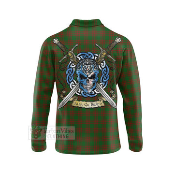 Menzies Tartan Long Sleeve Polo Shirt with Family Crest Celtic Skull Style - Tartan Vibes Clothing