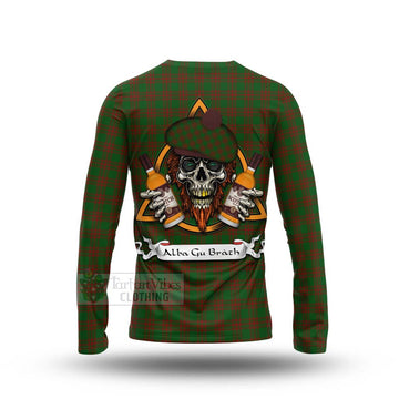 Menzies Tartan Long Sleeve T-Shirt with Family Crest and Bearded Skull Holding Bottles of Whiskey - Tartan Vibes Clothing