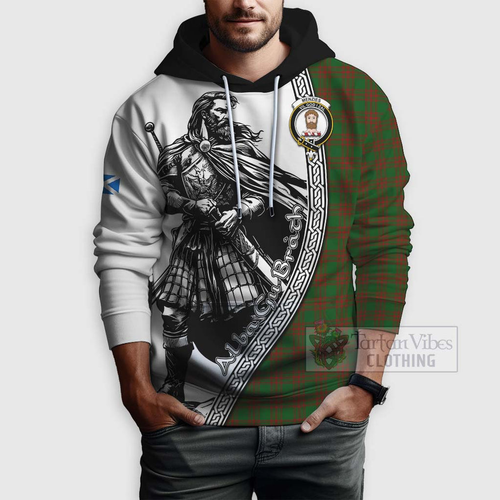 Menzies Tartan Clan Crest Hoodie with Highlander Warrior Celtic Style - Tartan Vibes Clothing