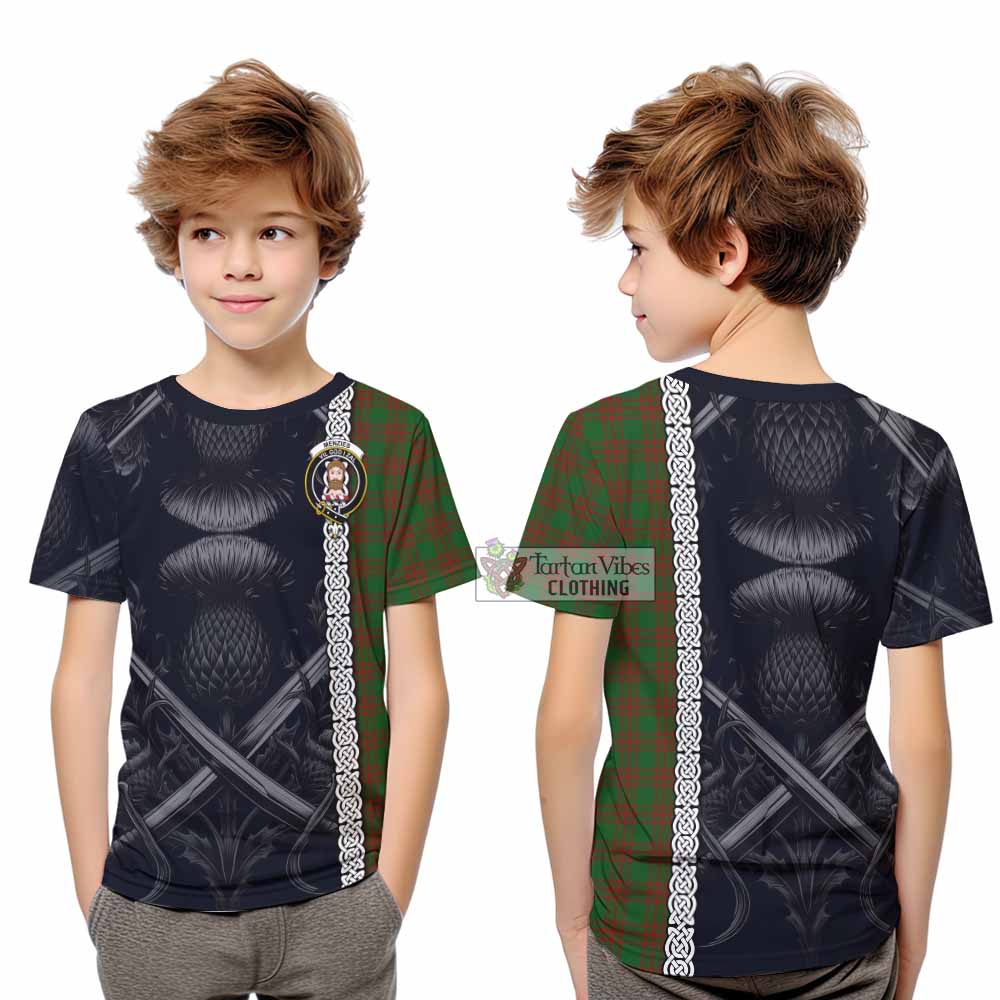 Tartan Vibes Clothing Menzies Tartan Kid T-Shirt with Family Crest Cross Sword Thistle Celtic Vibes