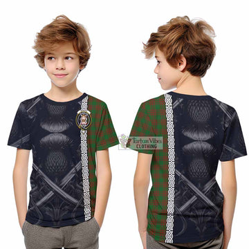 Menzies Tartan Kid T-Shirt with Family Crest Cross Sword Thistle Celtic Vibes