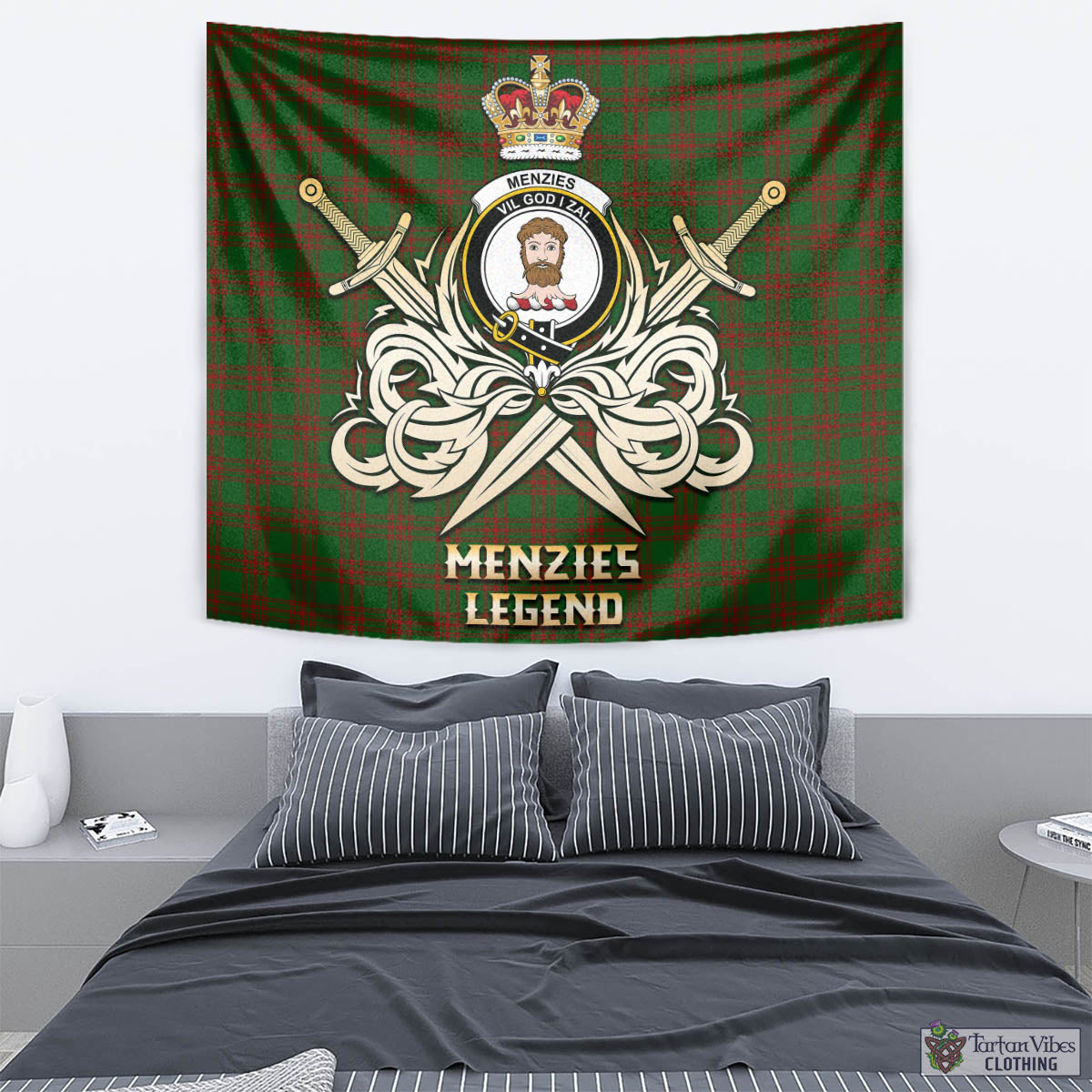 Tartan Vibes Clothing Menzies Tartan Tapestry with Clan Crest and the Golden Sword of Courageous Legacy