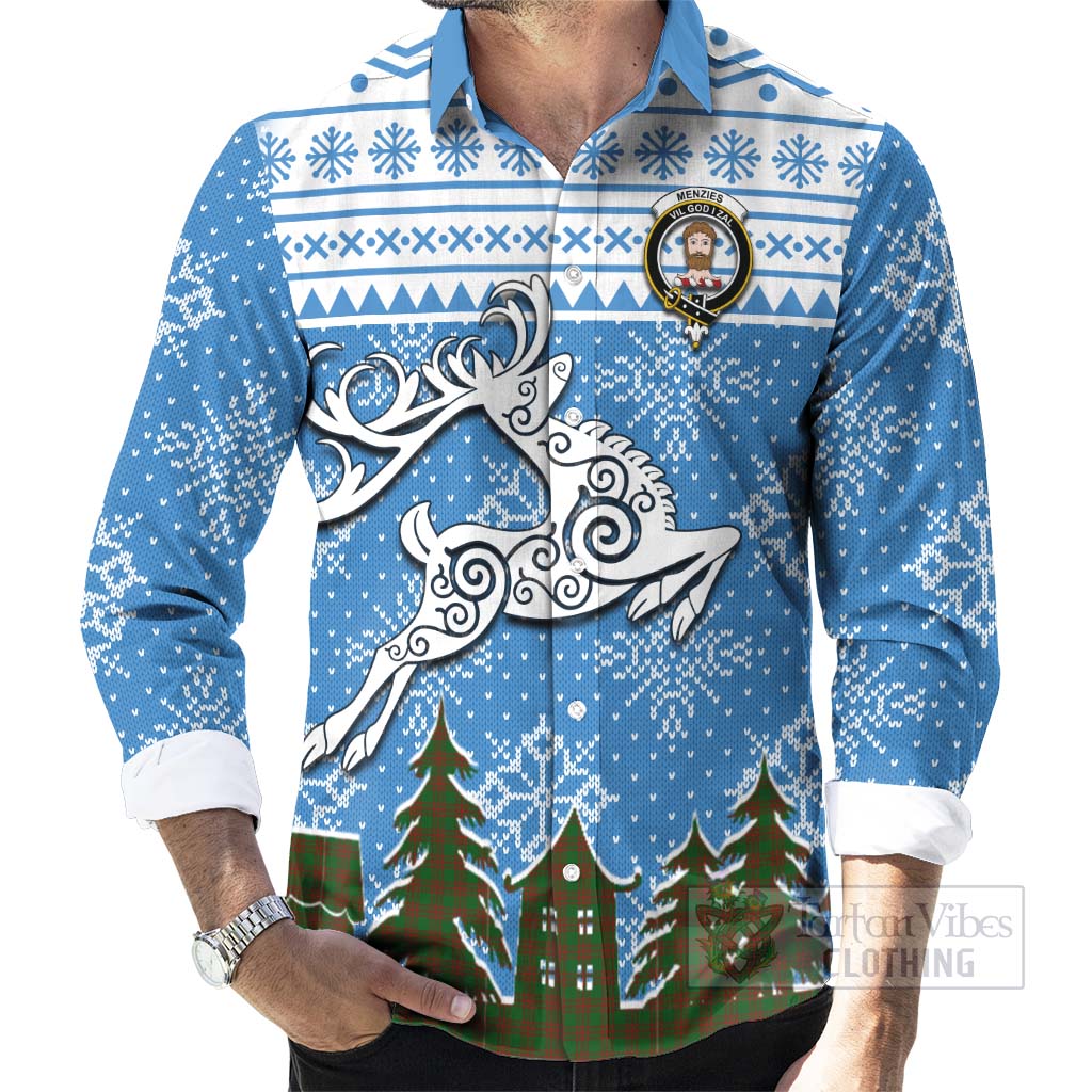 Tartan Vibes Clothing Menzies Clan Christmas Long Sleeve Button Shirt Celtic Reindeer Style