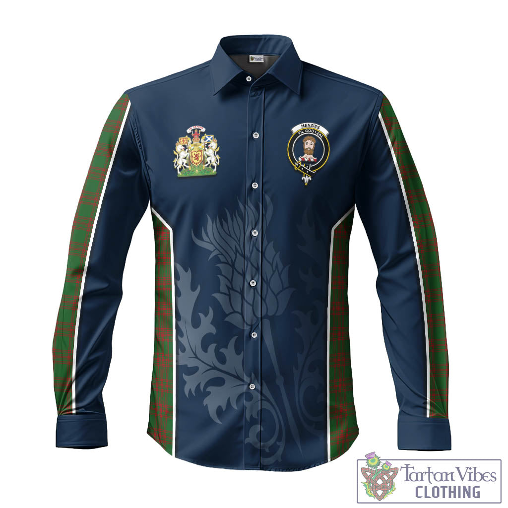 Tartan Vibes Clothing Menzies Tartan Long Sleeve Button Up Shirt with Family Crest and Scottish Thistle Vibes Sport Style