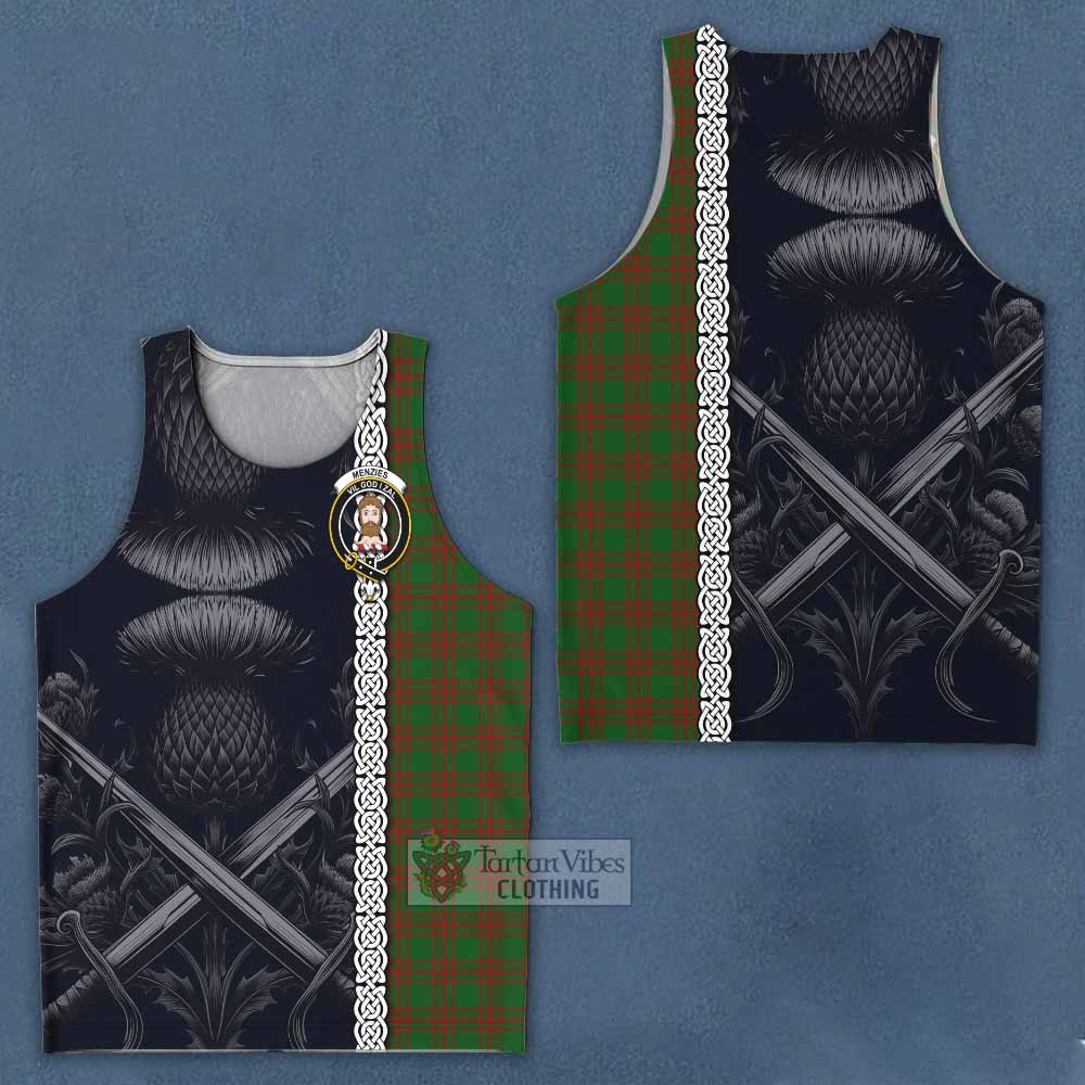 Tartan Vibes Clothing Menzies Tartan Men's Tank Top with Family Crest Cross Sword Thistle Celtic Vibes