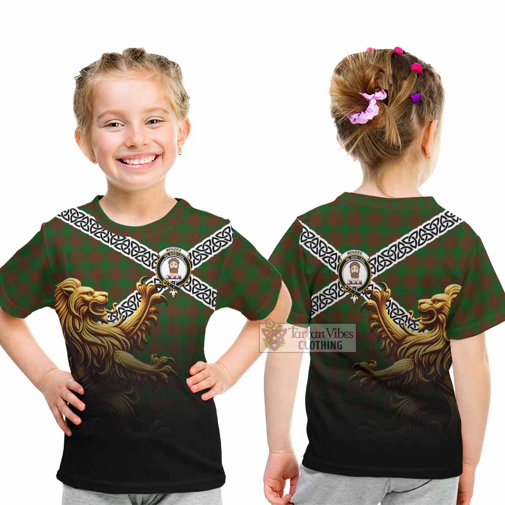 Tartan Vibes Clothing Menzies Crest Tartan Kid T-Shirt with Golden Lion Emblem Celtic Style
