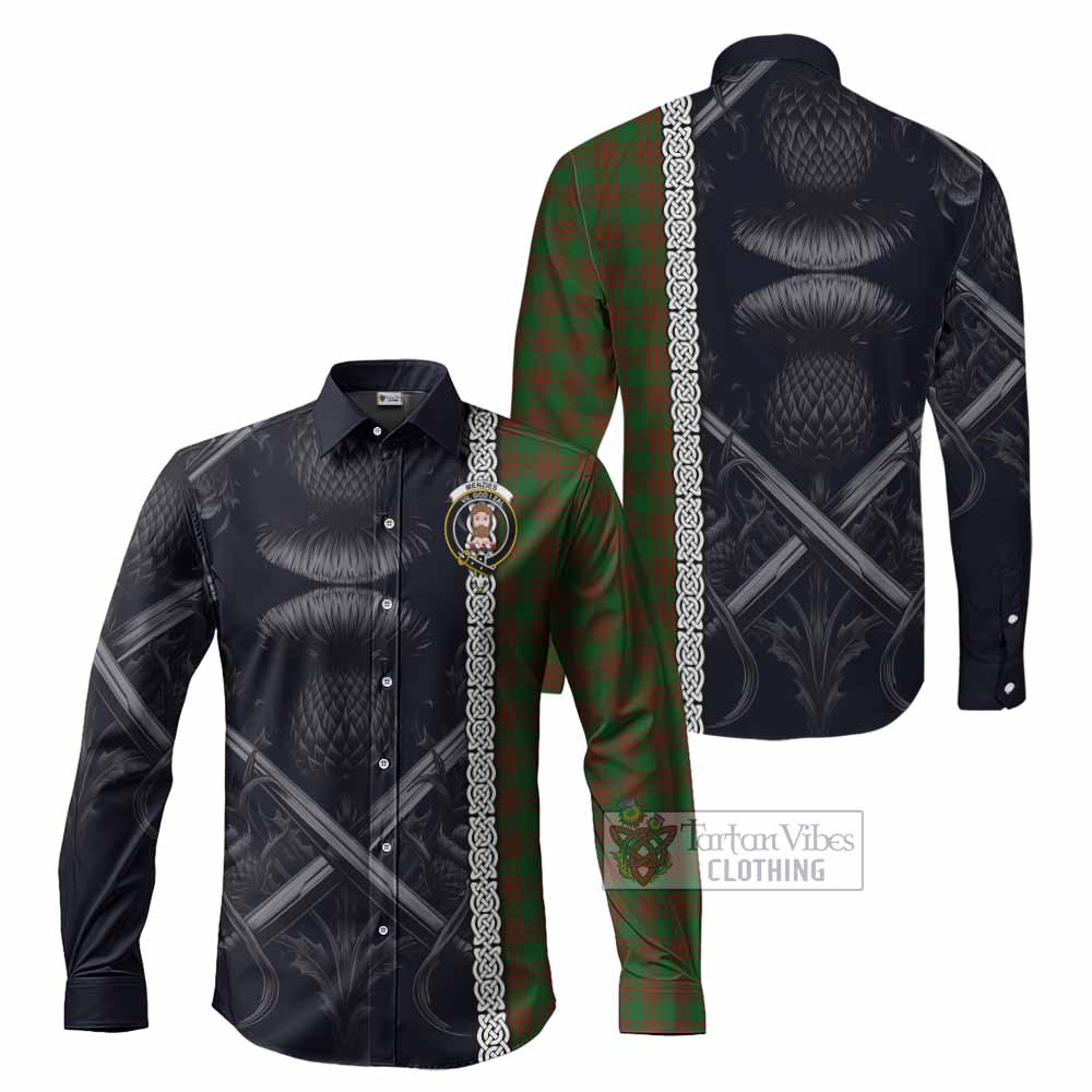 Tartan Vibes Clothing Menzies Tartan Long Sleeve Button Shirt with Family Crest Cross Sword Thistle Celtic Vibes