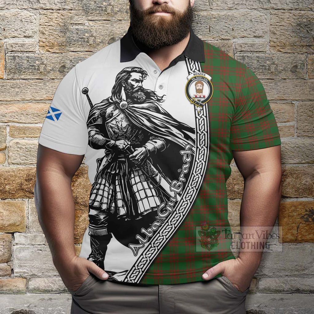 Menzies Tartan Clan Crest Polo Shirt with Highlander Warrior Celtic Style - Tartan Vibes Clothing