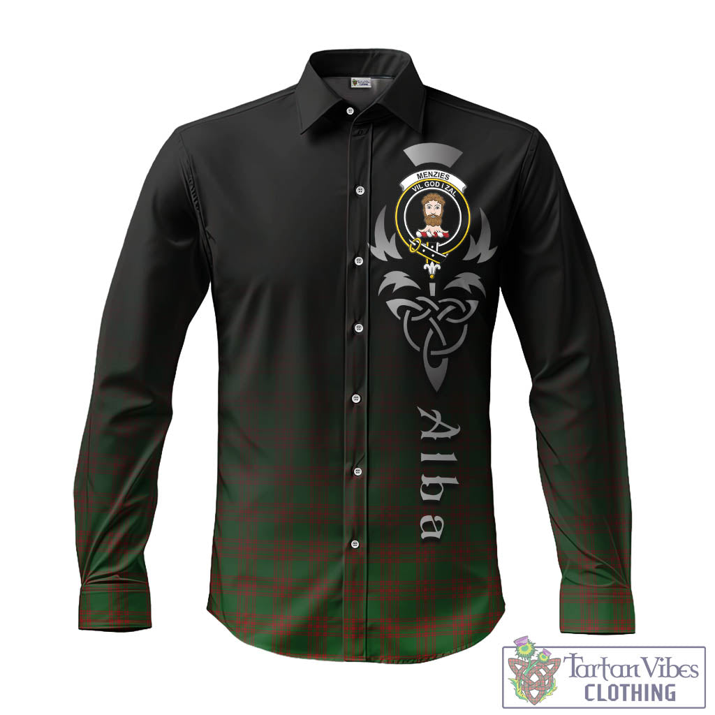Menzies Tartan Long Sleeve Button Up Featuring Alba Gu Brath Family Crest Celtic Inspired - Tartan Vibes Clothing