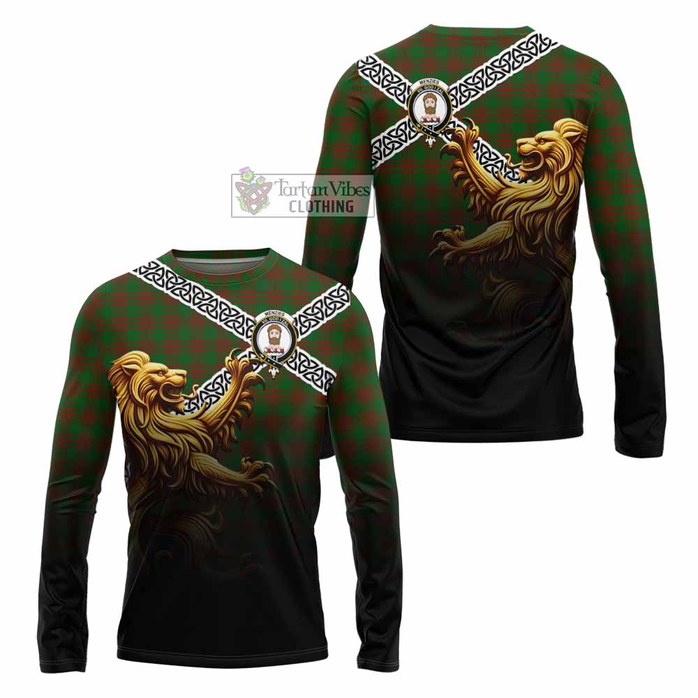 Menzies Crest Tartan Long Sleeve T-Shirt with Golden Lion Emblem Celtic Style - Tartan Vibes Clothing