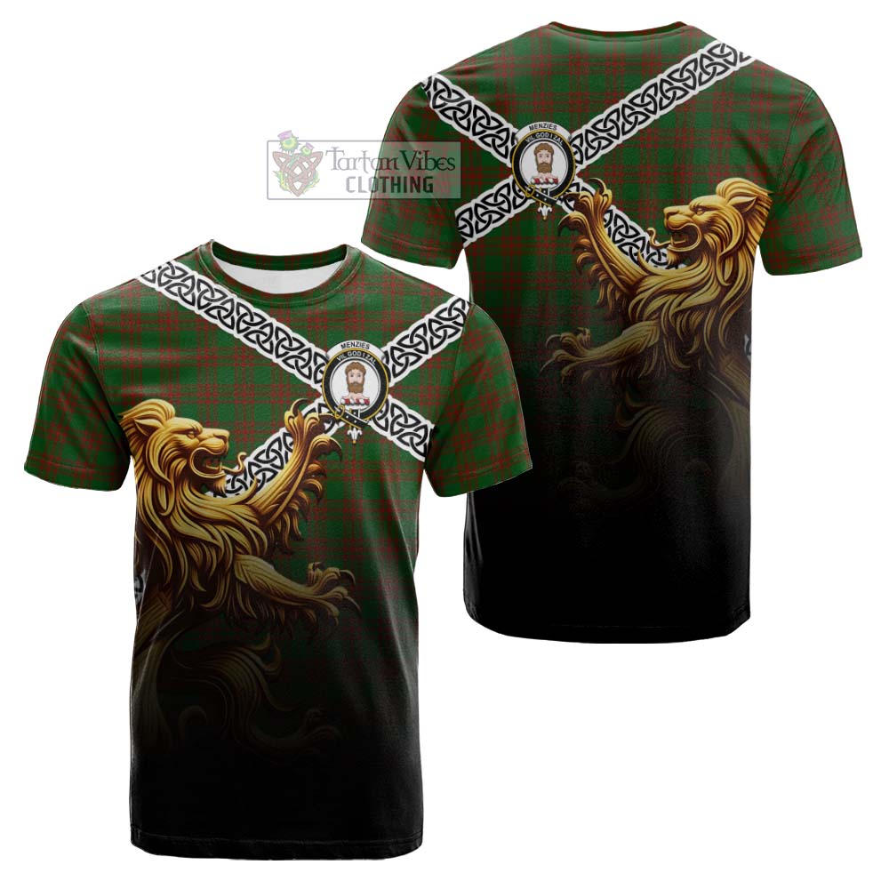 Tartan Vibes Clothing Menzies Crest Tartan Cotton T-shirt with Golden Lion Emblem Celtic Style