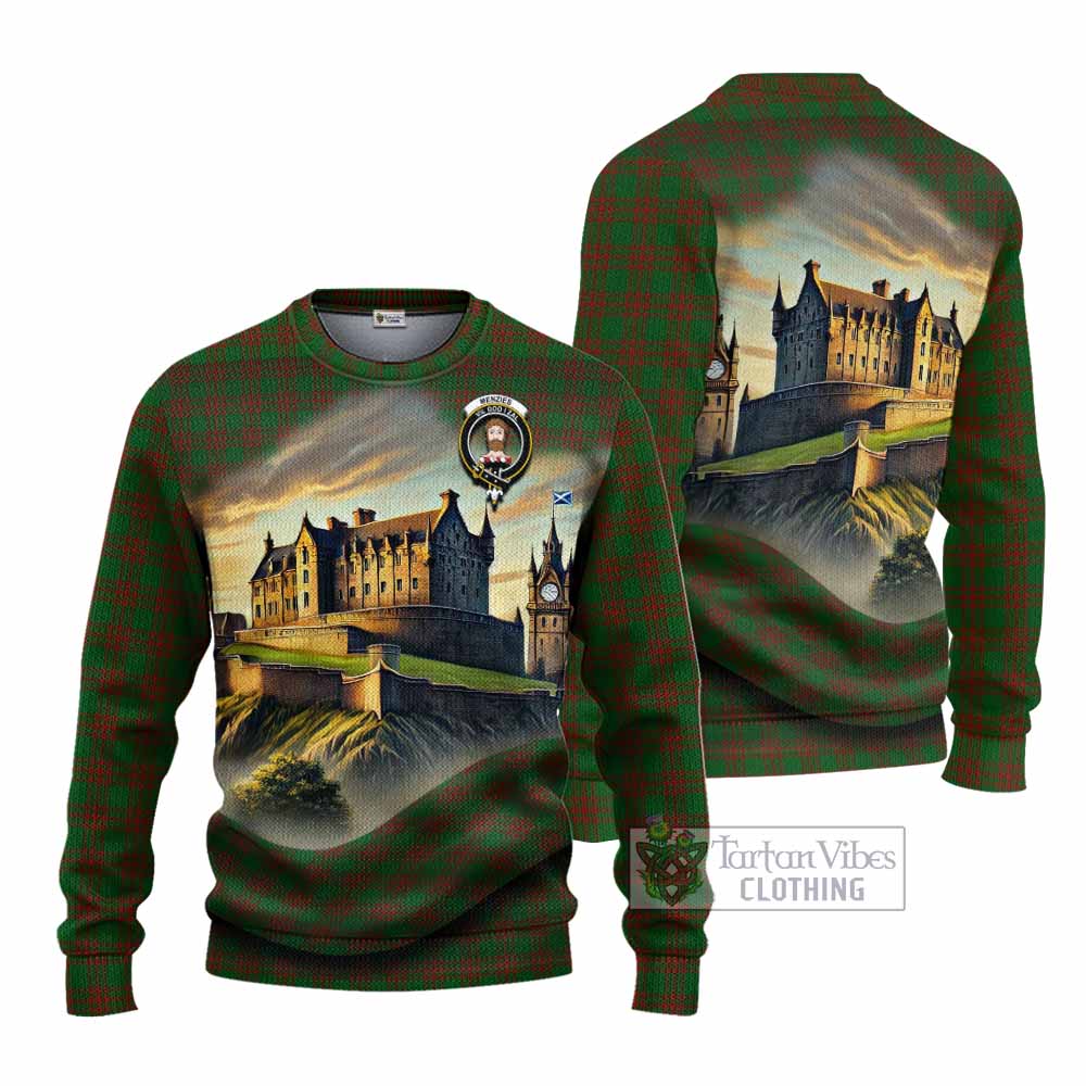 Menzies Tartan Family Crest Knitted Sweater with Scottish Ancient Castle Style - Tartan Vibes Clothing