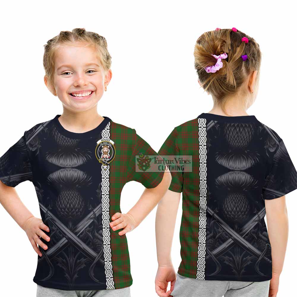 Tartan Vibes Clothing Menzies Tartan Kid T-Shirt with Family Crest Cross Sword Thistle Celtic Vibes