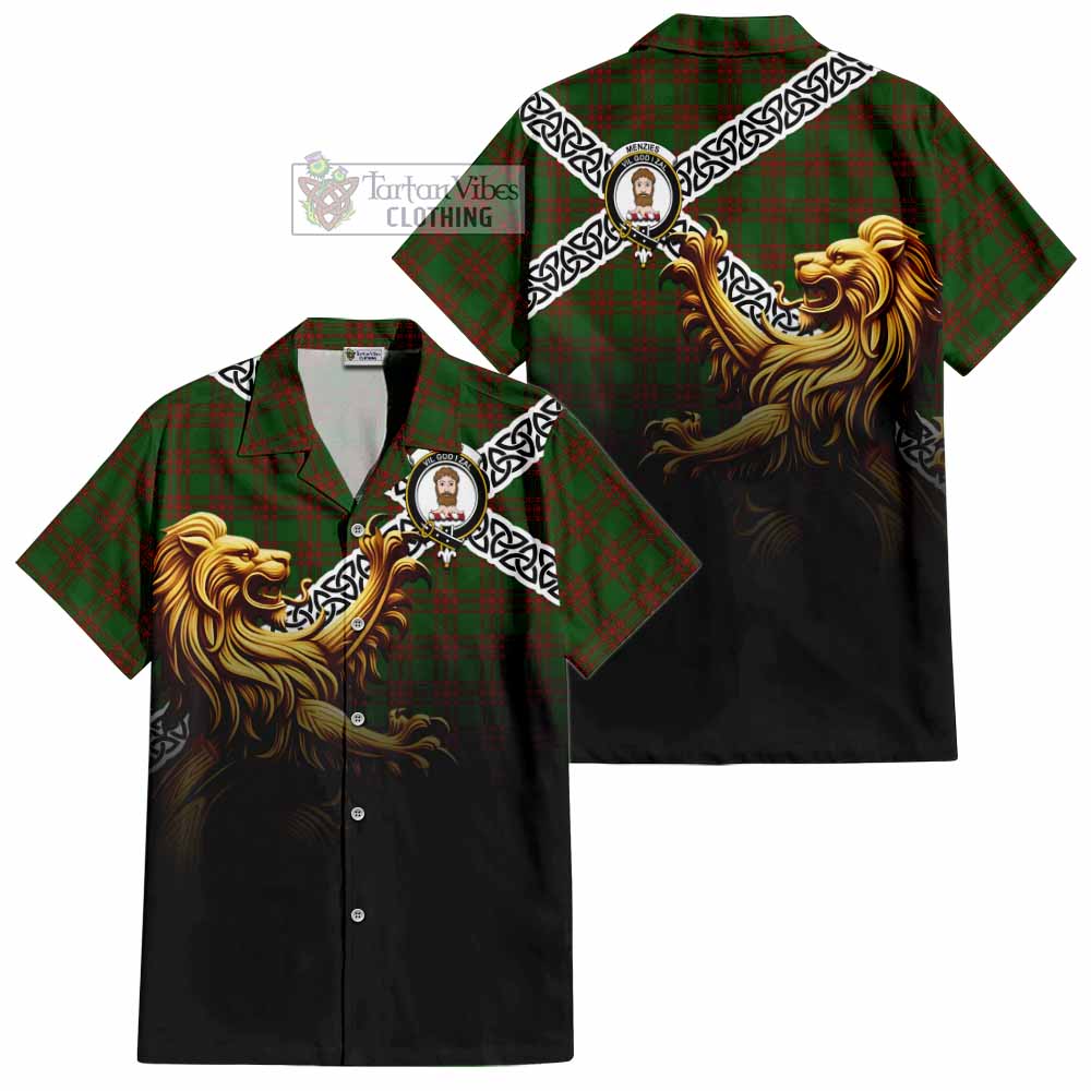 Tartan Vibes Clothing Menzies Crest Tartan Short Sleeve Button Shirt with Golden Lion Emblem Celtic Style