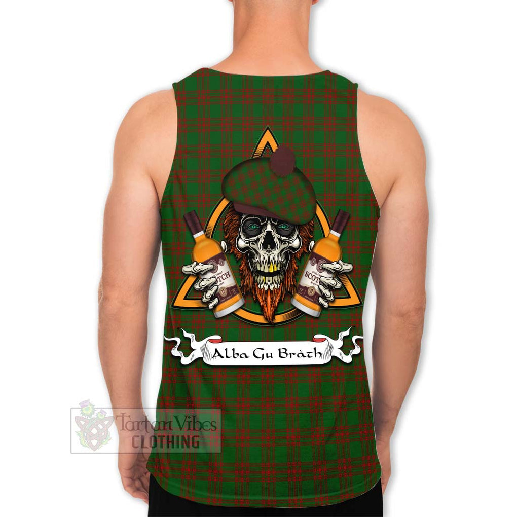 Tartan Vibes Clothing Menzies Tartan Men's Tank Top with Family Crest and Bearded Skull Holding Bottles of Whiskey