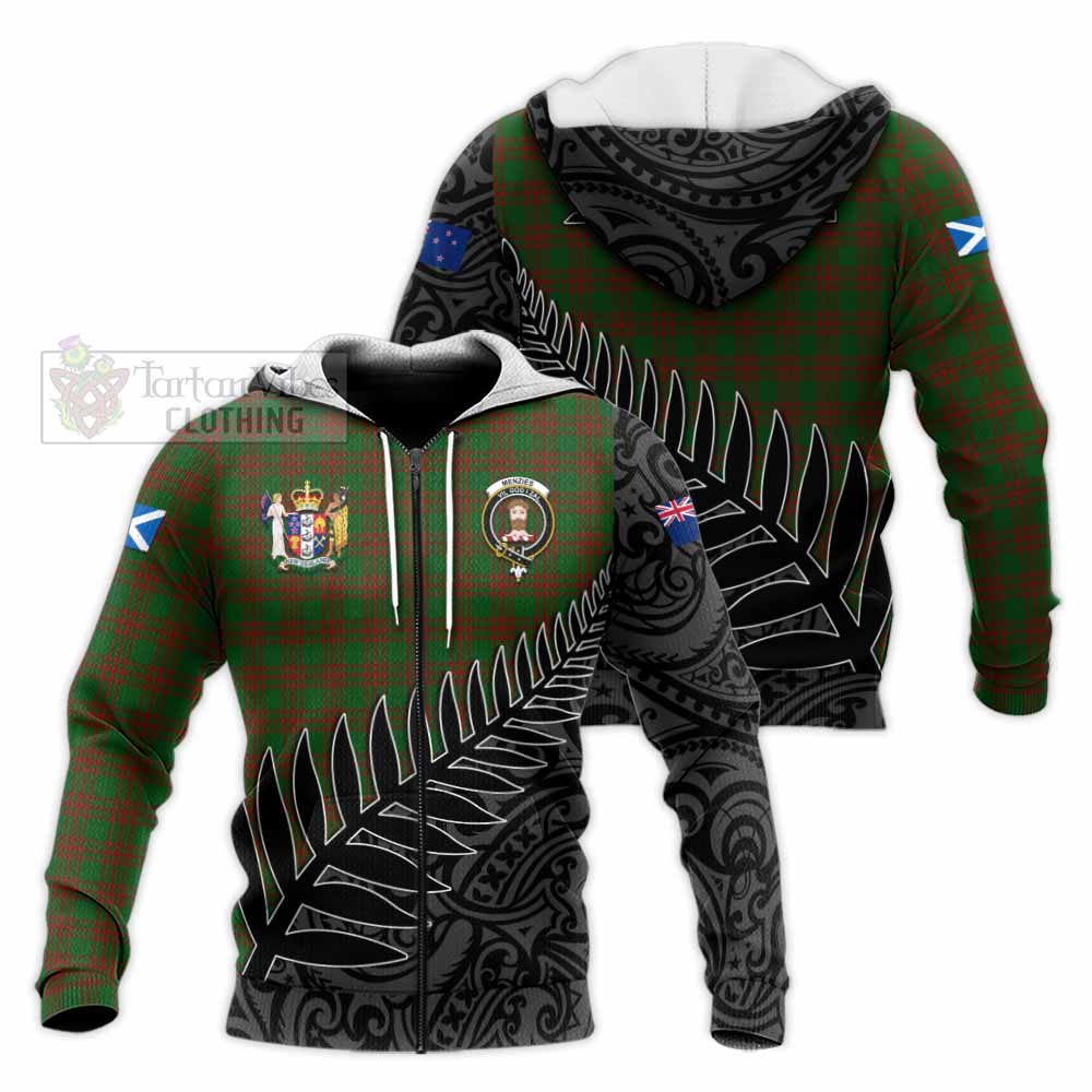 Tartan Vibes Clothing Menzies Crest Tartan Knitted Hoodie with New Zealand Silver Fern Half Style