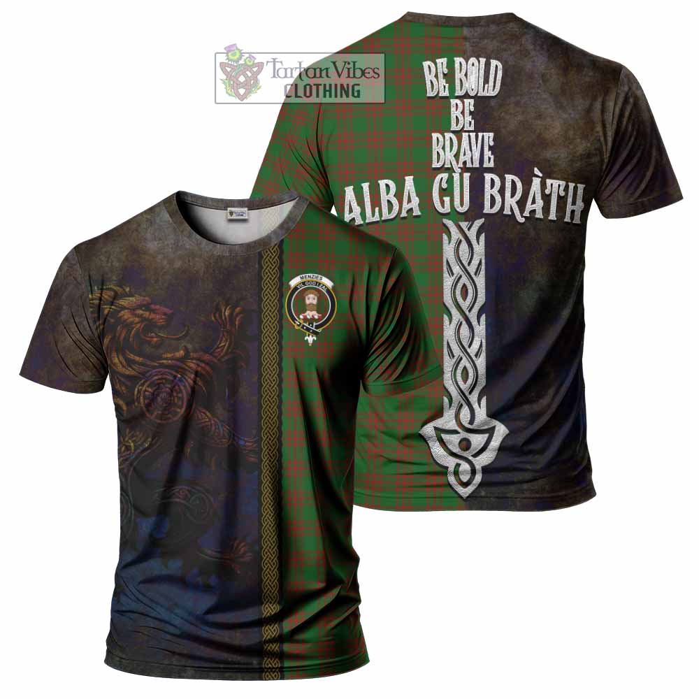 Tartan Vibes Clothing Menzies Tartan Family Crest T-Shirt Alba Gu Brath Be Brave Lion Ancient Style