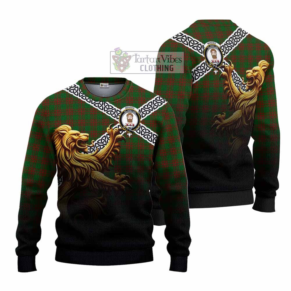 Menzies Crest Tartan Knitted Sweater with Golden Lion Emblem Celtic Style - Tartan Vibes Clothing