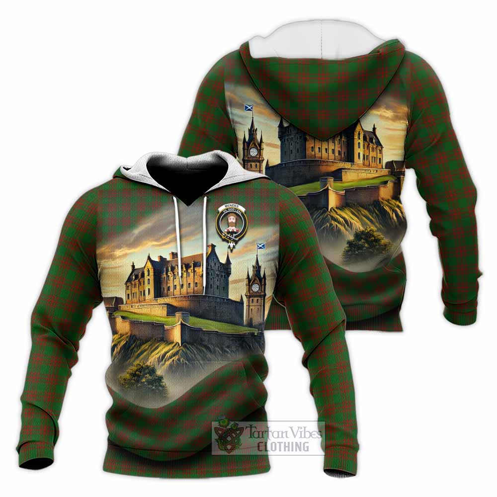 Tartan Vibes Clothing Menzies Tartan Family Crest Knitted Hoodie with Scottish Ancient Castle Style