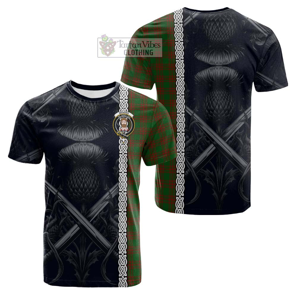 Tartan Vibes Clothing Menzies Tartan Cotton T-shirt with Family Crest Cross Sword Thistle Celtic Vibes