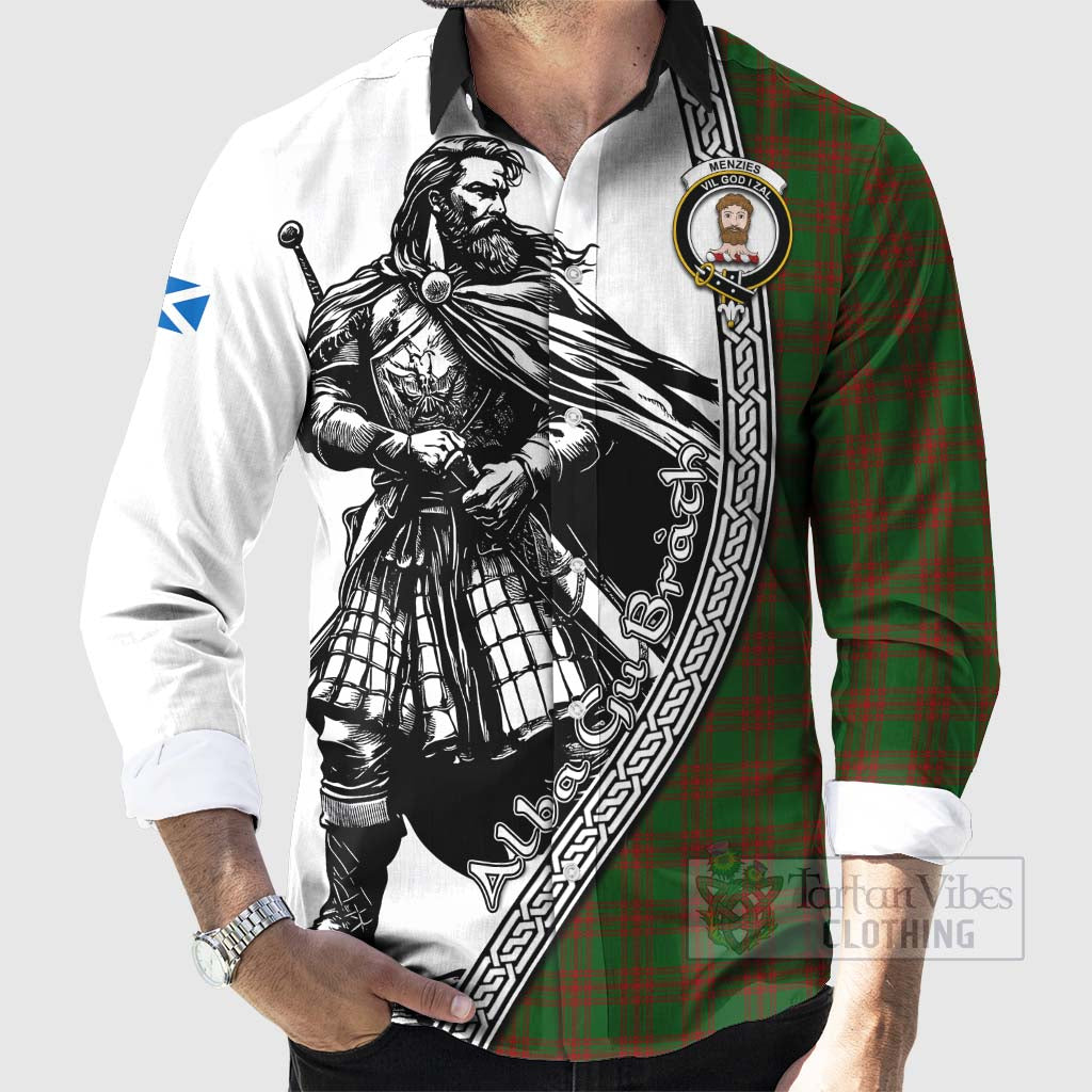 Tartan Vibes Clothing Menzies Tartan Clan Crest Long Sleeve Button Shirt with Highlander Warrior Celtic Style