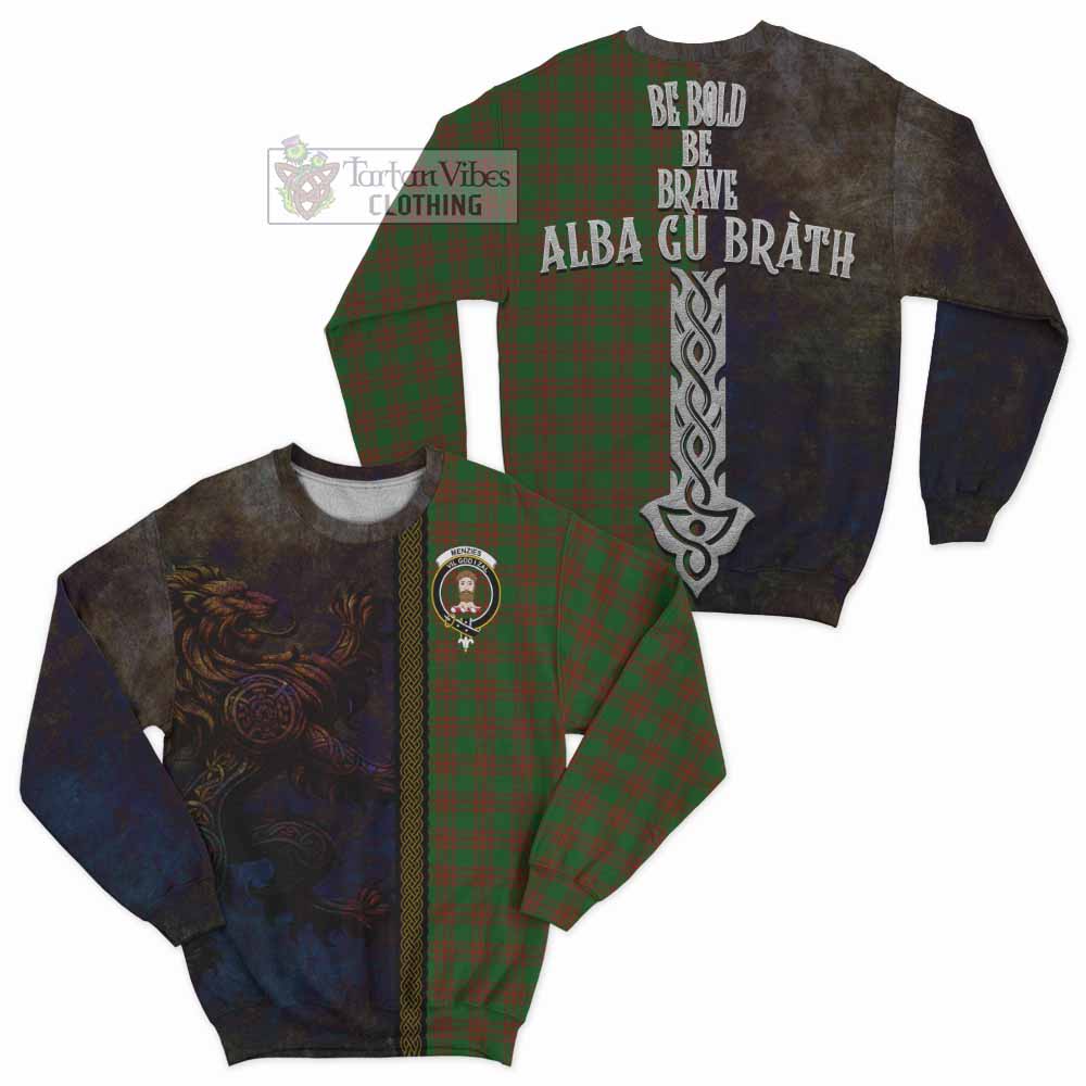 Menzies Tartan Family Crest Sweatshirt Alba Gu Brath Be Brave Lion Ancient Style - Tartan Vibes Clothing