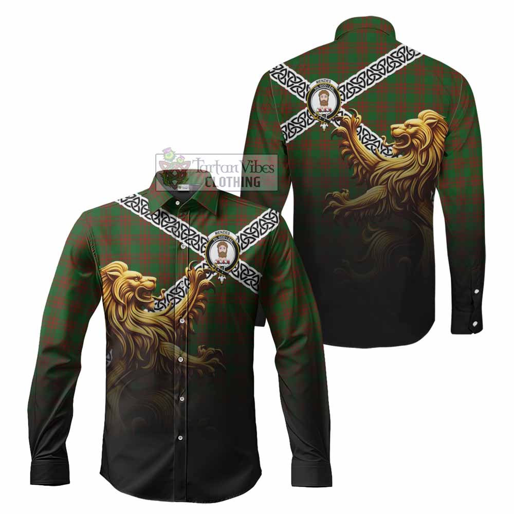 Tartan Vibes Clothing Menzies Crest Tartan Long Sleeve Button Shirt with Golden Lion Emblem Celtic Style
