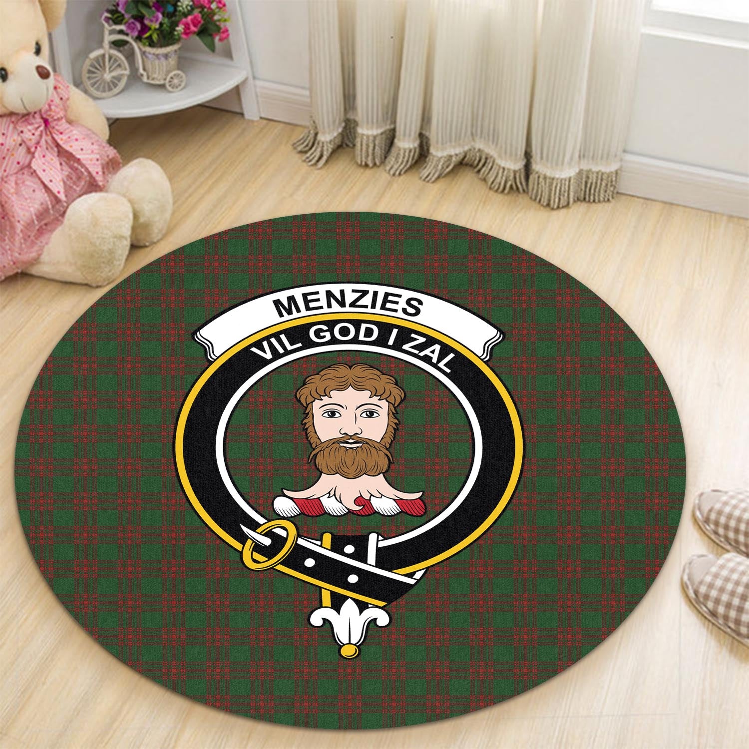 Menzies Tartan Round Rug with Family Crest - Tartan Vibes Clothing