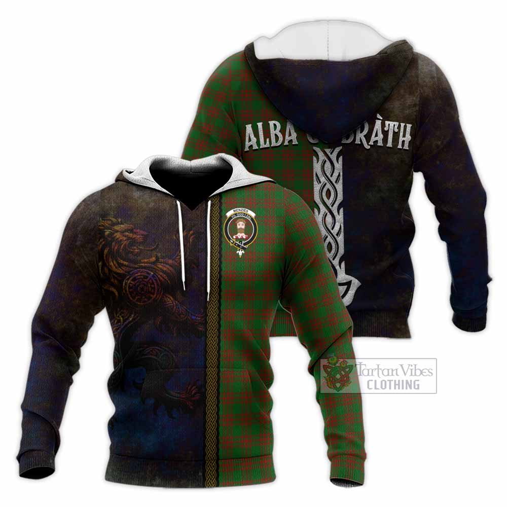 Tartan Vibes Clothing Menzies Tartan Family Crest Knitted Hoodie Alba Gu Brath Be Brave Lion Ancient Style