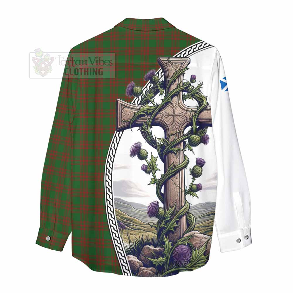 Tartan Vibes Clothing Menzies Tartan Women's Casual Shirt with Family Crest and St. Andrew's Cross Accented by Thistle Vines