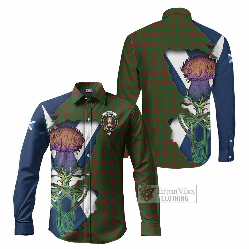 Menzies Tartan Family Crest Long Sleeve Button Shirt Scottish Thistle Celtic Inspired - Tartan Vibes Clothing