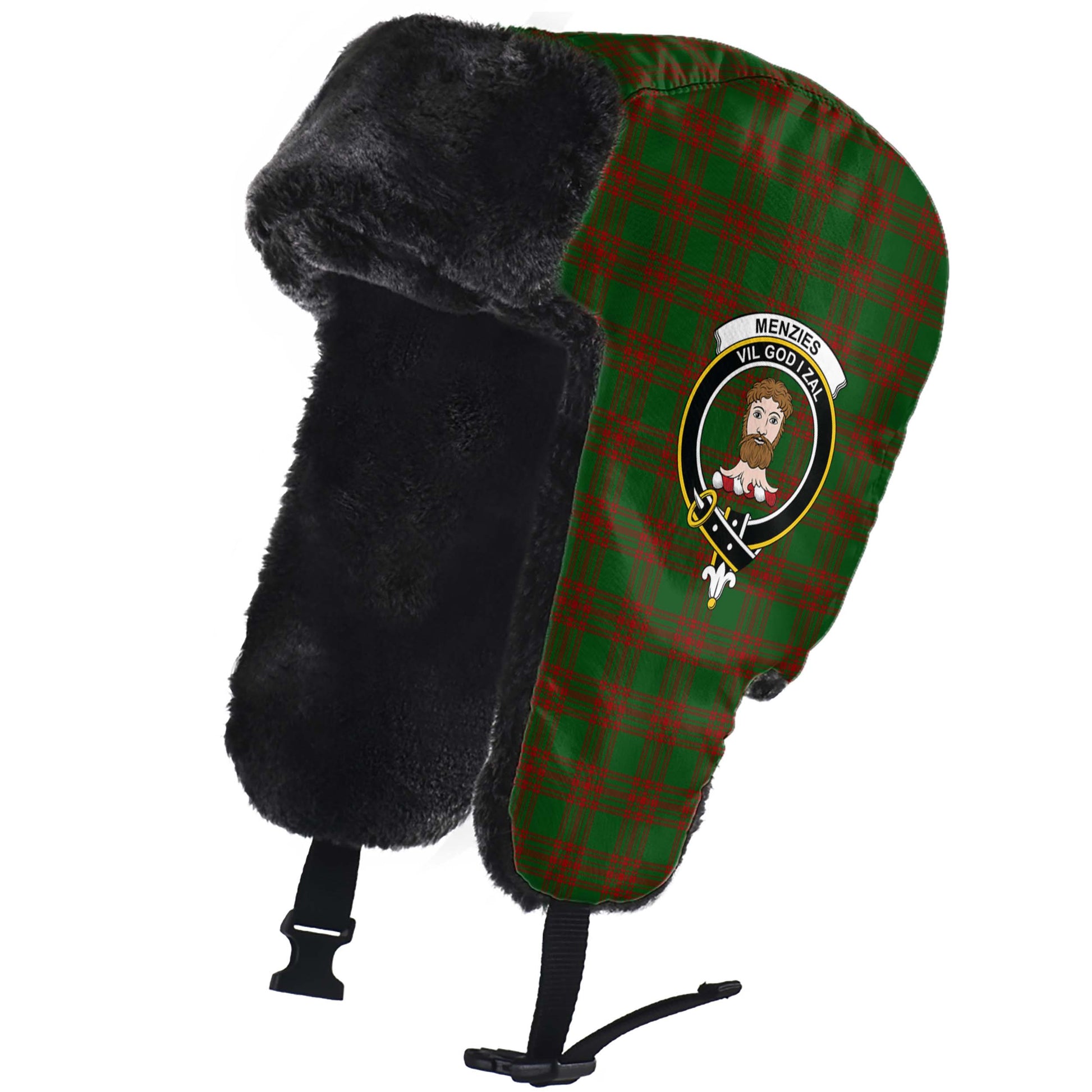 Menzies Tartan Winter Trapper Hat with Family Crest - Tartan Vibes Clothing