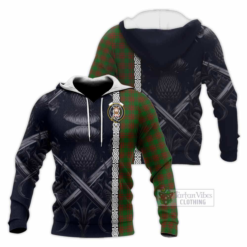 Tartan Vibes Clothing Menzies Tartan Knitted Hoodie with Family Crest Cross Sword Thistle Celtic Vibes