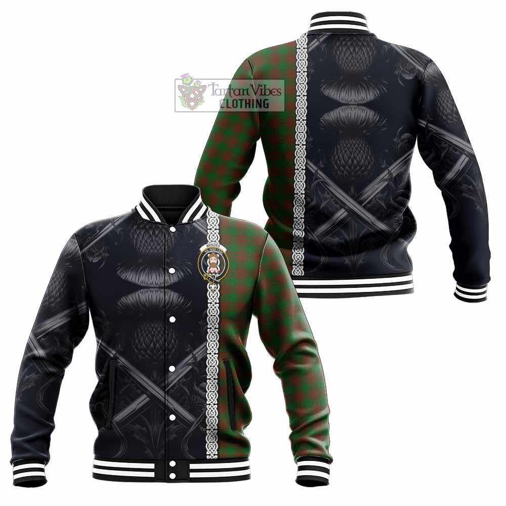 Menzies Tartan Baseball Jacket with Family Crest Cross Sword Thistle Celtic Vibes - Tartan Vibes Clothing