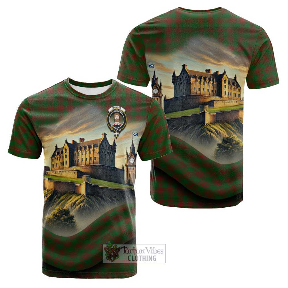 Menzies Tartan Family Crest Cotton T-shirt with Scottish Ancient Castle Style - Tartan Vibes Clothing
