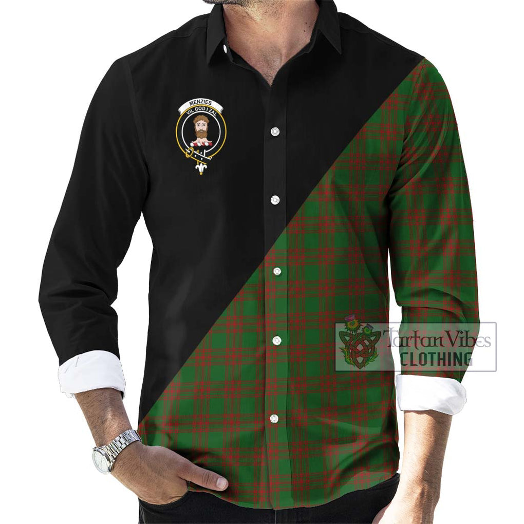 Menzies Tartan Long Sleeve Button Shirt with Family Crest and Military Logo Style - Tartanvibesclothing Shop