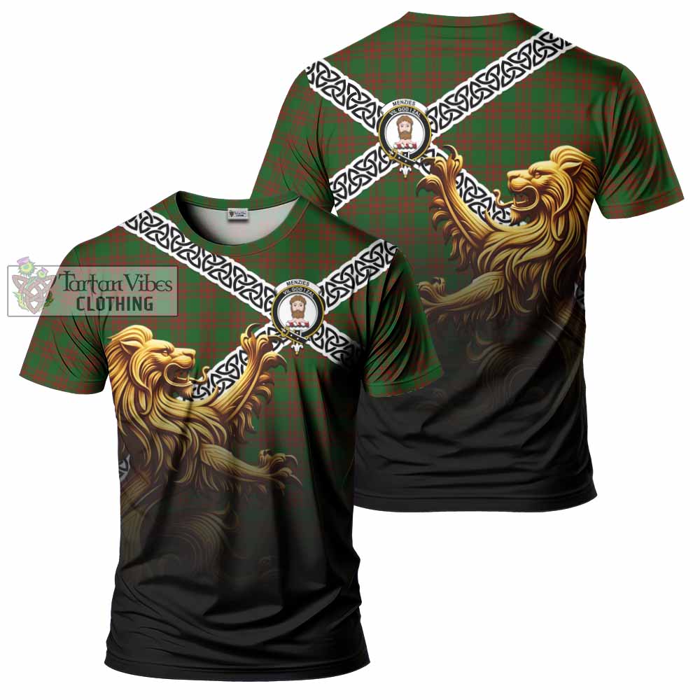 Tartan Vibes Clothing Menzies Crest Tartan T-Shirt with Golden Lion Emblem Celtic Style