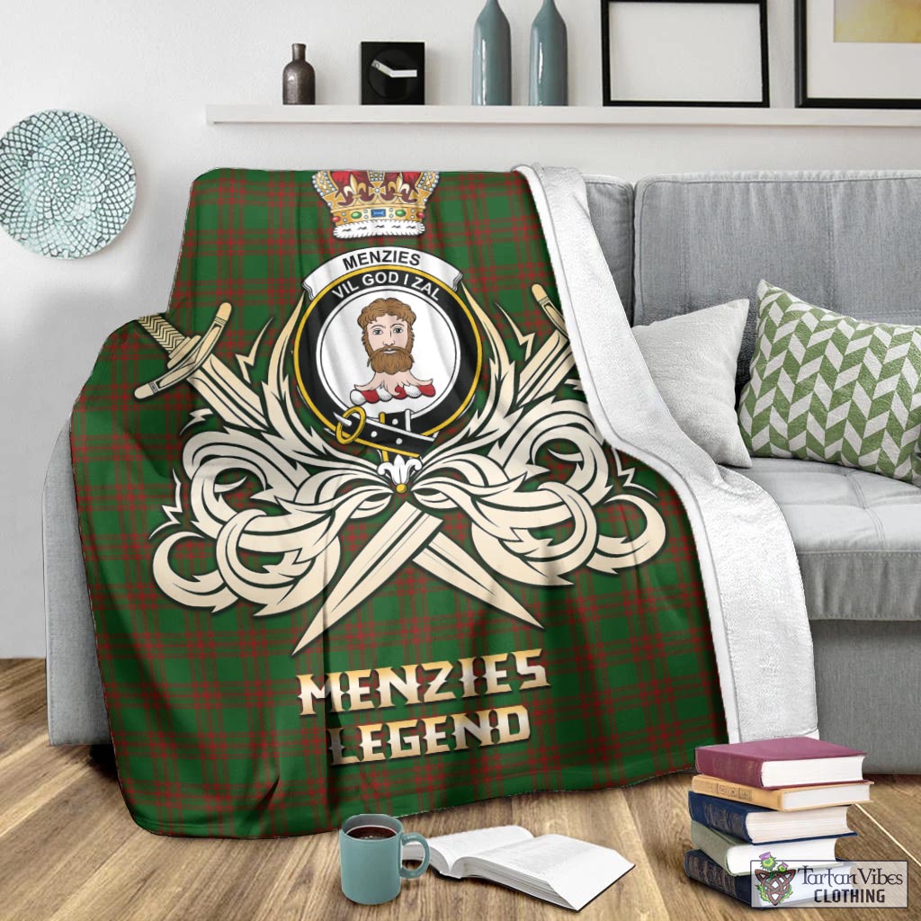 Tartan Vibes Clothing Menzies Tartan Blanket with Clan Crest and the Golden Sword of Courageous Legacy