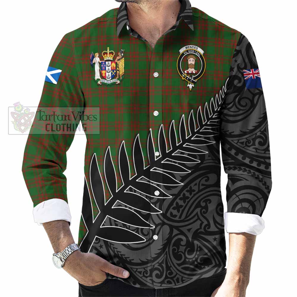 Tartan Vibes Clothing Menzies Crest Tartan Long Sleeve Button Shirt with New Zealand Silver Fern Half Style