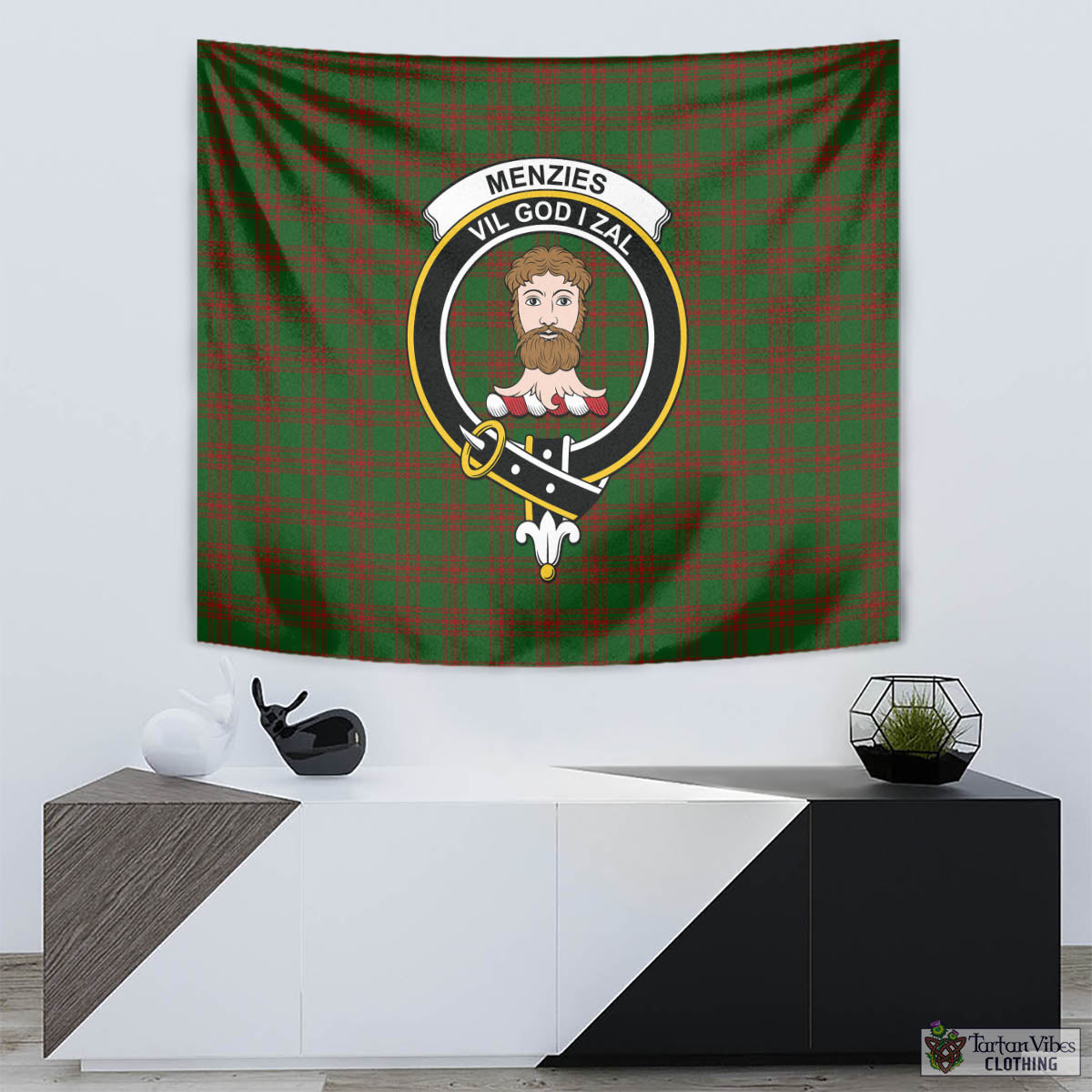 Tartan Vibes Clothing Menzies Tartan Tapestry Wall Hanging and Home Decor for Room with Family Crest