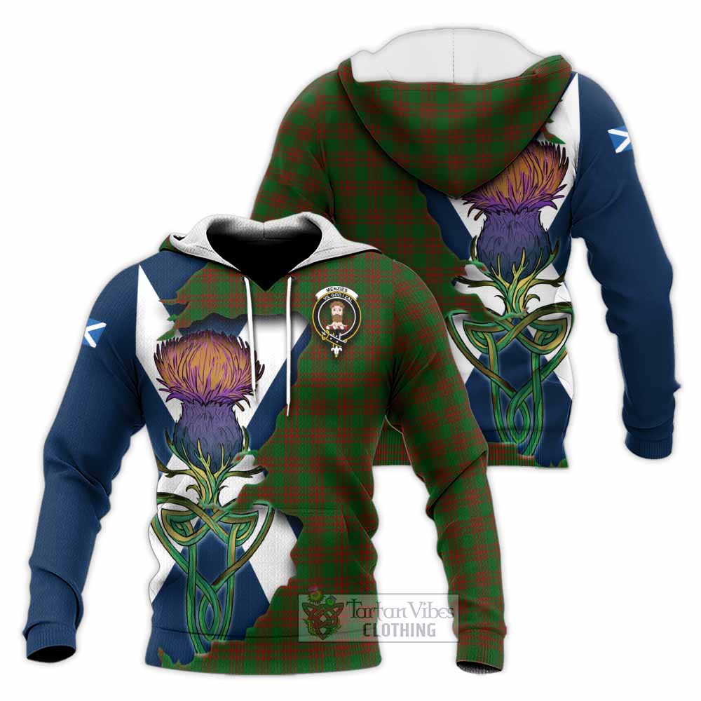 Tartan Vibes Clothing Menzies Tartan Family Crest Knitted Hoodie Scottish Thistle Celtic Inspired