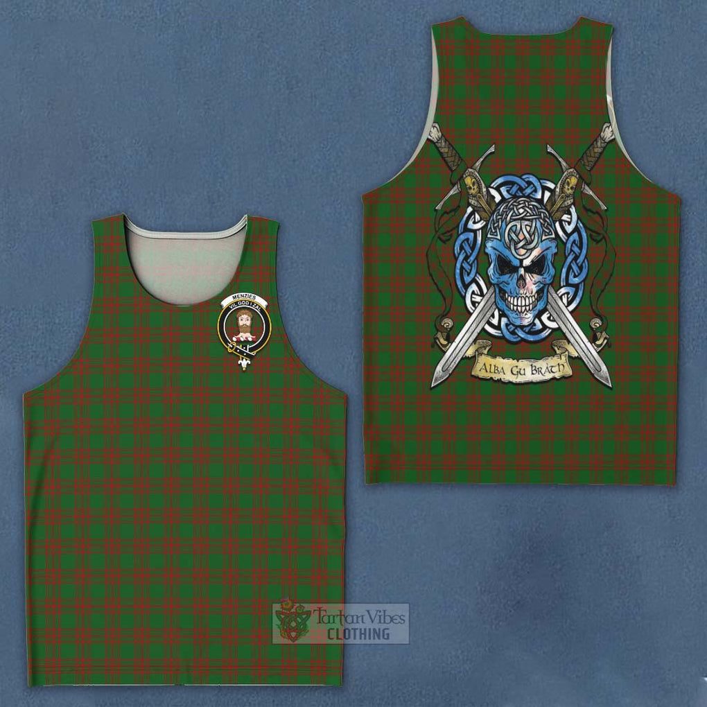Tartan Vibes Clothing Menzies Tartan Men's Tank Top with Family Crest Celtic Skull Style