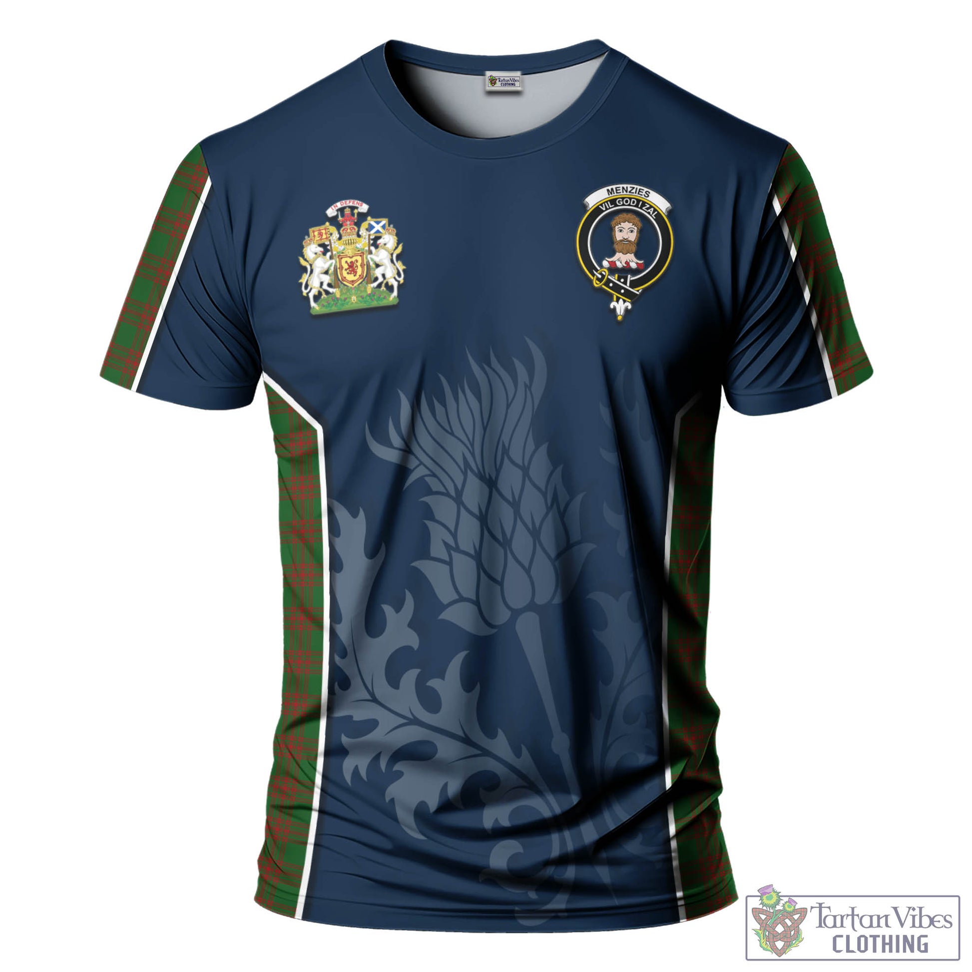 Menzies Tartan T-Shirt with Family Crest and Scottish Thistle Vibes Sport Style - Tartan Vibes Clothing