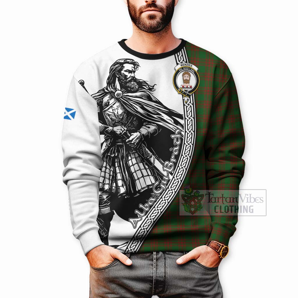 Menzies Tartan Clan Crest Sweatshirt with Highlander Warrior Celtic Style - Tartan Vibes Clothing