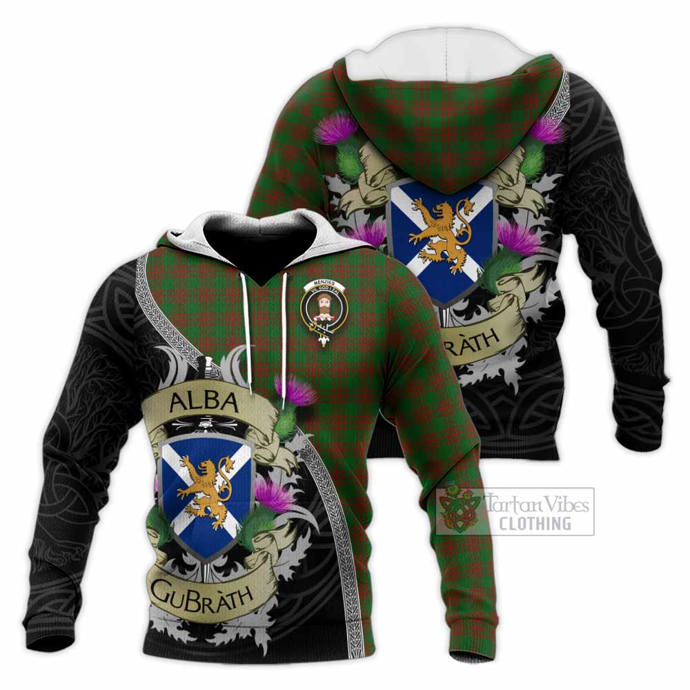 Tartan Vibes Clothing Menzies Tartan Family Crest Knitted Hoodie Lion Rampant Royal Thistle Shield Celtic Inspired