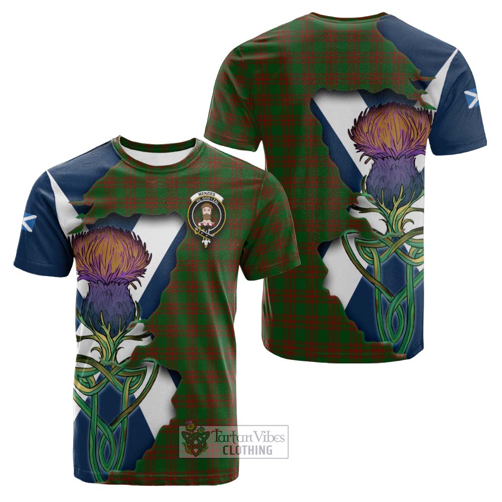 Tartan Vibes Clothing Menzies Tartan Family Crest Cotton T-shirt Scottish Thistle Celtic Inspired