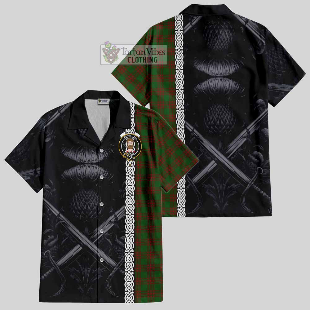 Menzies Tartan Hawaiian Shirt with Family Crest Cross Sword Thistle Celtic Vibes - Tartan Vibes Clothing