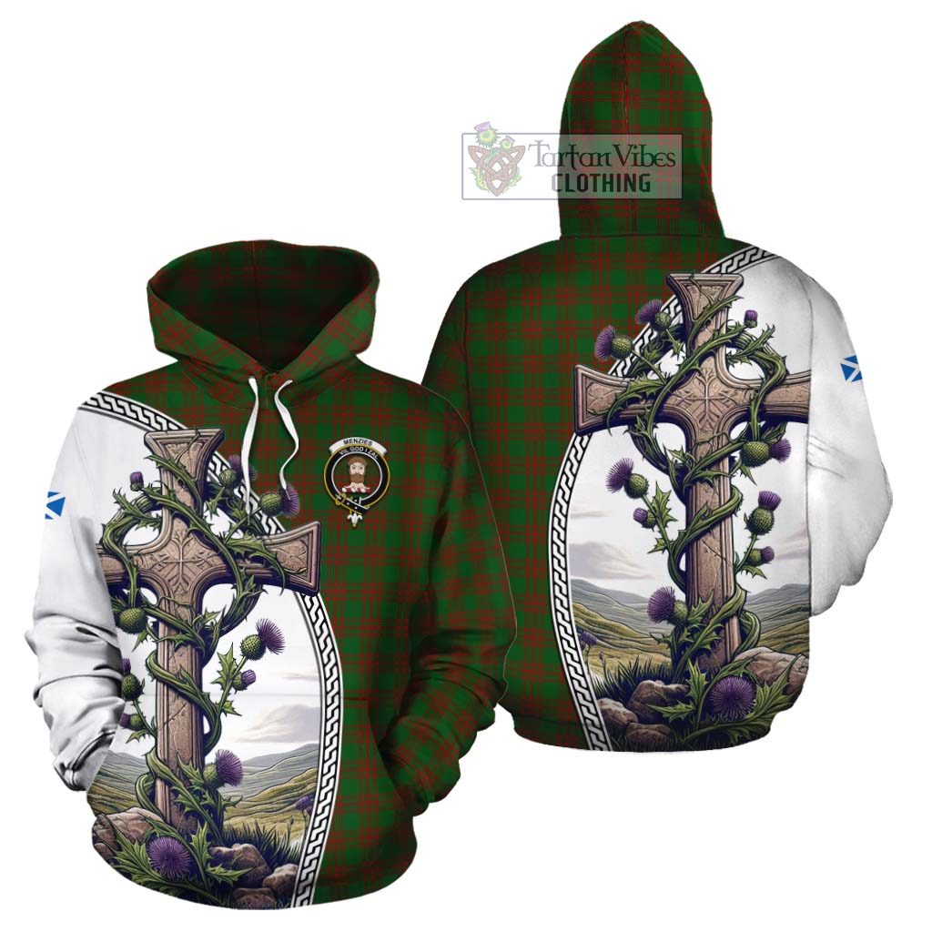 Tartan Vibes Clothing Menzies Tartan Cotton Hoodie with Family Crest and St. Andrew's Cross Accented by Thistle Vines