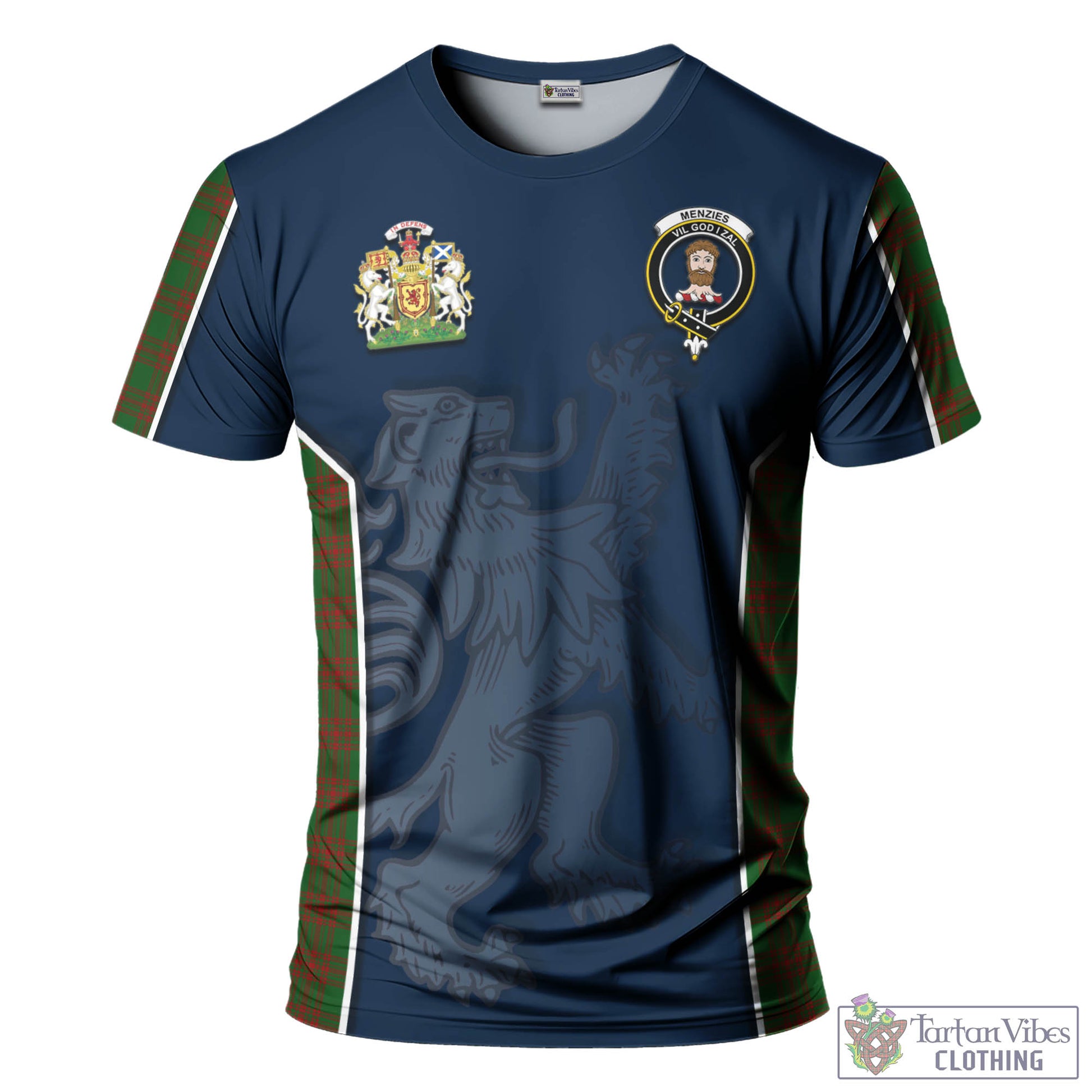 Tartan Vibes Clothing Menzies Tartan T-Shirt with Family Crest and Lion Rampant Vibes Sport Style